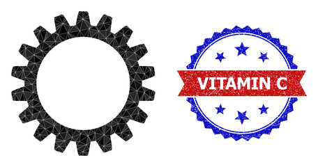 Low-poly cogwheel polygonal icon illustration, and grunge bicolor rosette stamp, in red and blue colors. Collage cogwheel is composed with chaotic filled triangles.