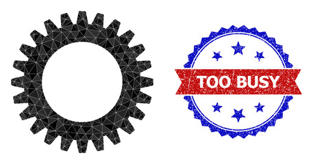 Lowpoly cogwheel polygonal icon illustration, and grunge bicolor rosette seal stamp, in red and blue colors. Collage cogwheel formed from random filled triangles.