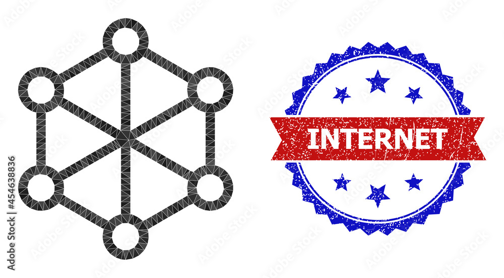 Poster lowpoly net nodes polygonal symbol illustration, and grunge bicolor rosette seal stamp, in red and b