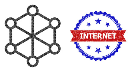 Lowpoly net nodes polygonal symbol illustration, and grunge bicolor rosette seal stamp, in red and blue colors. Collage net nodes created with randomized filled triangles.