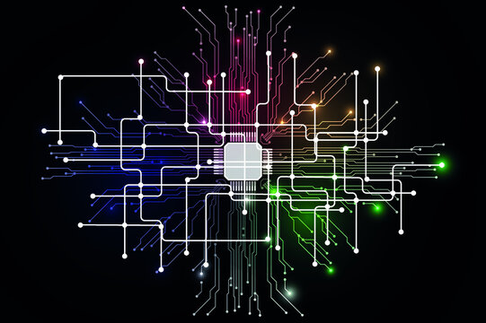 Abstract technology chip processor background circuit board and html code, blue, red and green technology background vector.