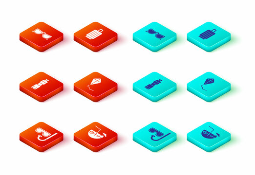 Set Diving mask and snorkel, Coconut cocktail, Bottle of water, Kite, Suitcase and Glasses icon. Vector