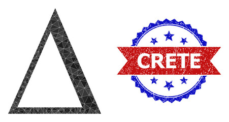 Low-poly Delta Greek letter polygonal symbol illustration, and grunge bicolor rosette badge, in red and blue colors. Collage Delta Greek letter formed with randomized filled triangles.