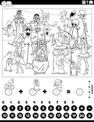 count and add task with Halloween characters color book page