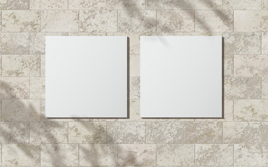 Two white squares on brick wall. 3D render white square mock up. 3D illustrations. Empty interior. 3D design interior. Template for business. Blank. Stone. Shadow on the brick wall. Empty blank.

