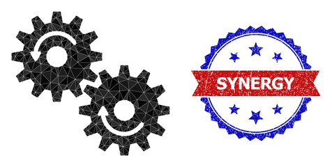 Lowpoly gears rotation polygonal symbol illustration, and grunge bicolor rosette seal stamp, in red and blue colors. Mosaic gears rotation is formed of random color triangles.