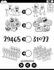 greater or less task with Halloween characters coloring book page