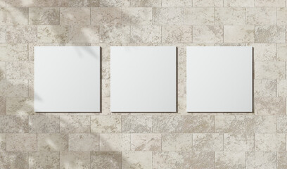 Three white squares on brick wall. 3D render white square mock up. 3D illustrations. Empty interior. 3D design interior. Template for business. Blank. Stone. Shadow on the brick wall. Empty blank.

