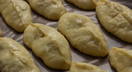 Handmade pies are prepared for placing in an oven. Idea for small business in a pandemic