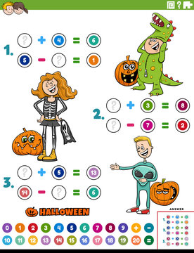 math addition and subtraction task with kids on Halloween