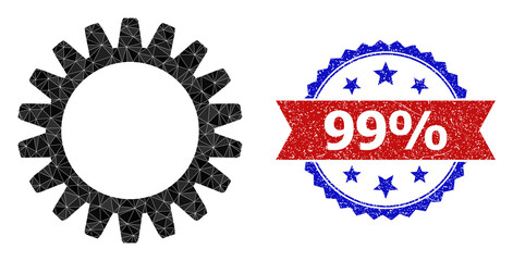 Low-poly gearwheel polygonal 2d illustration, and grunge bicolor rosette stamp imprint, in red and blue colors. Mosaic gearwheel designed with scattered color triangles.