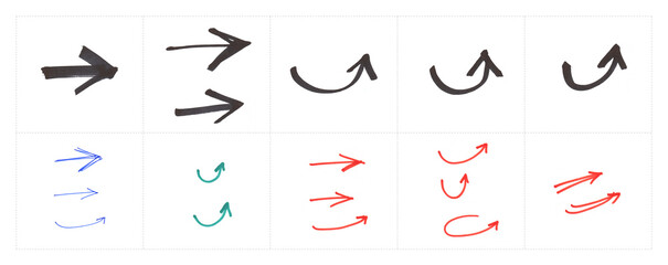 Arrows, pointer set. Hand-drawn and scanned scribbles, rough, draft. Marker pen, gesture, brush. Pens of different thickness. Collection.