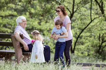 Naklejka na ściany i meble Three generation family in summer park: grandfather, mother, and grandchildren