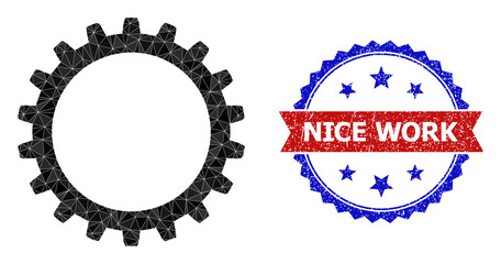 Low-poly cogwheel polygonal icon illustration, and grunge bicolor rosette stamp, in red and blue colors. Collage cogwheel formed from random color triangles.