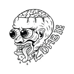 Severed zombie head. Vector clip art. Halloween illustrationline art black and white