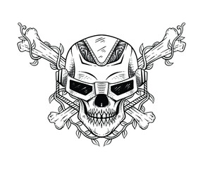 tattoo design skull roboti cyborg line art black and white illustration engraving style