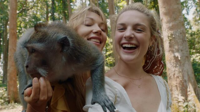 pov two women using smartphone video chat posing with monkey sitting on shoulder best friends having fun with monkeys sharing adventure at wildlife zoo tourists travel bali 