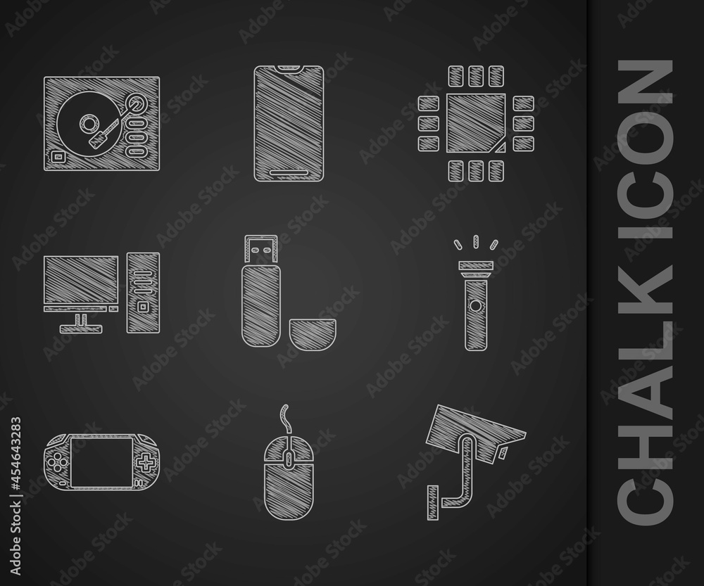 Aufkleber set usb flash drive, computer mouse, security camera, flashlight, portable video game console, monit