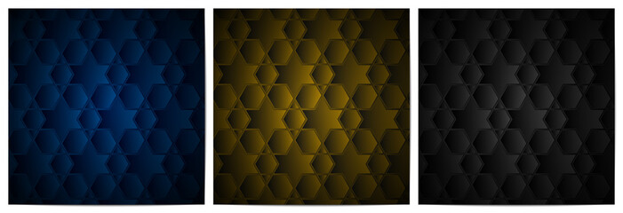  Set of geometric pattern polygonal shape. Luxury dark background with blue,gold and black