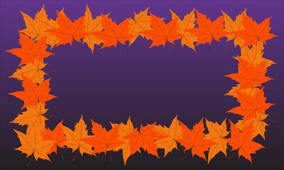 Autumn yellow and orange maple leaves bright frame on fuchsia purple color background. Copy space. Fall season. Sale flyer, banner or template. Thanksgiving day. Foliage. Vector card. October.