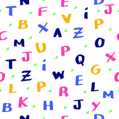 Seamless vector pattern. Letters, school. Hand made writing. Character, ABC, alphabet, typography, illustration. Pen marker. Colorful print for wrapping paper, fabric. Fun, cute for kids.