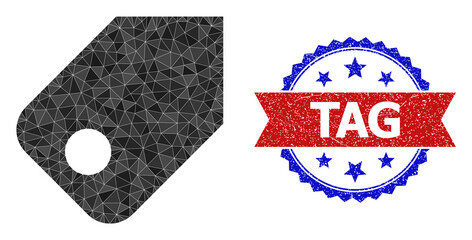 Lowpoly tag polygonal 2d illustration, and grunge bicolor rosette badge, in red and blue colors. Collage tag created of randomized color triangles. Rosette imprint uses red and blue colors.