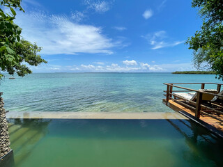 Panoramic view of an infinite pool with oceanfront view in a tropical resort