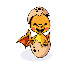 Obraz premium Cute red little dragon cartoon hatching from egg and waving hand