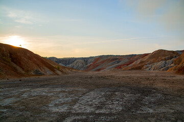 The clay quarry resembles a cosmic landscape.Ural Mars.Top view of the hills made of refractory colored clay.