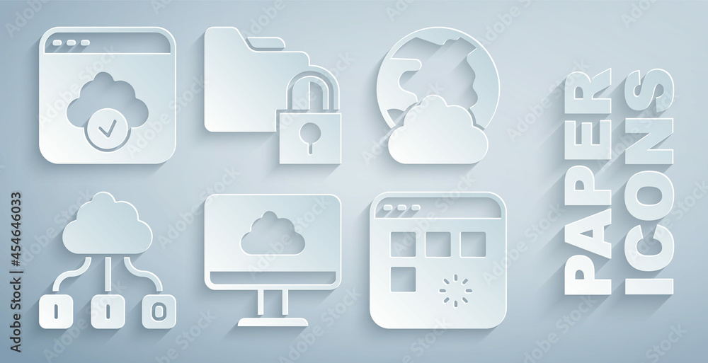Aufkleber set cloud technology data transfer, social network, loading window, folder and lock and icon. vector