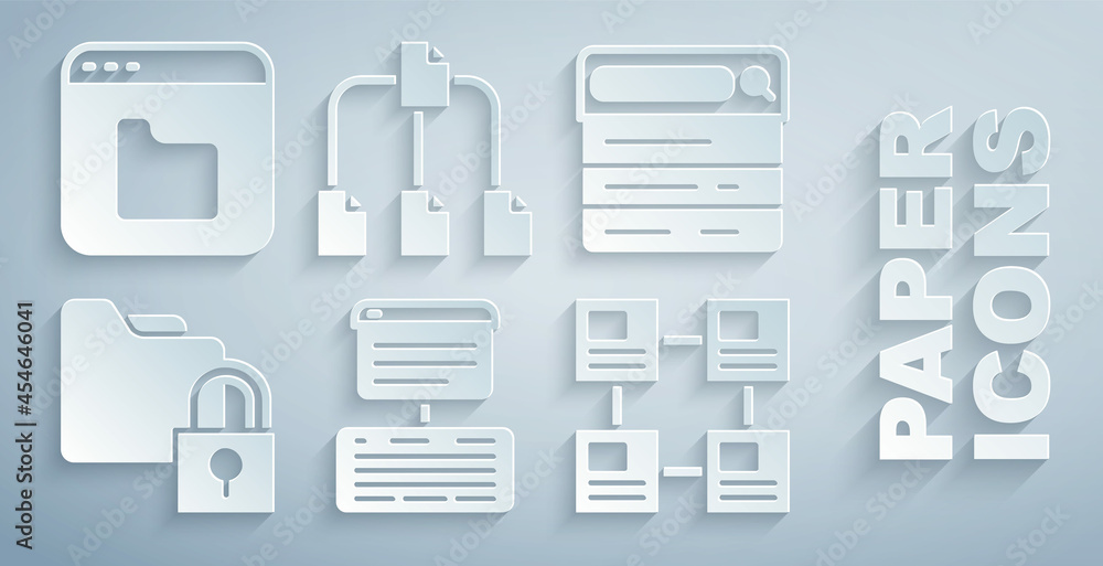 Poster set server, data, web hosting, search engine, folder and lock, hierarchy organogram chart, tree and 