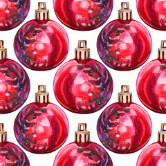 Seamless pattern watercolor hand-drawn red shiny christmas decoration disco ball isolated on white background. Creative toy clipart for new year, party, celebration, wrapping, sketchbook