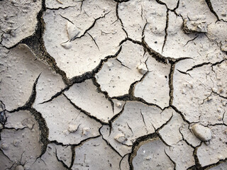Drought soil with cracks on surface, detailed texture, close up. Dry cracked earth background, top view. Concept of global warming, environmental disaster.