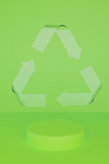 Sign Reduce, Reuse, Recycle on green background with glass balls. 3d render eco illustration.