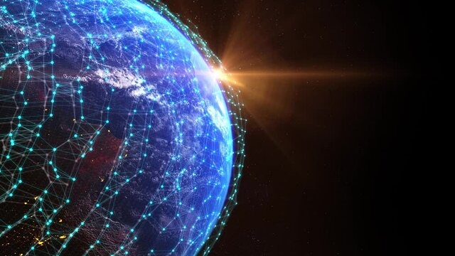 Digital grid over earth planet. Global communication Network connection. Big data globe. Rays of the sun illuminating from behind