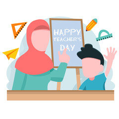 teacher with hijab celebrating Teacher day with her pupil