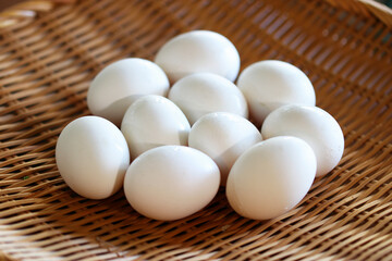 ざるに入った新鮮な朝採りたまご