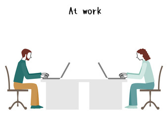 Illustration of a man and a woman working at a computer(white background, vector, cut out)