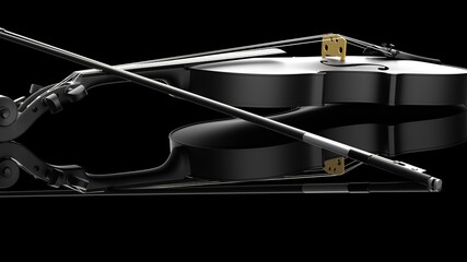 Black-Gold classic violin on black plate under spot lighting background. 3D sketch design and illustration. 3D high quality rendering.