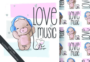 Cute bear with headphone music seamless pattern: can be used for cards, invitations, baby shower, posters; with white isolated background

