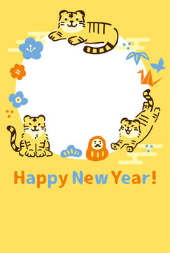 A photo frame New Year's card with three cute tigers. Colorful and pop material.