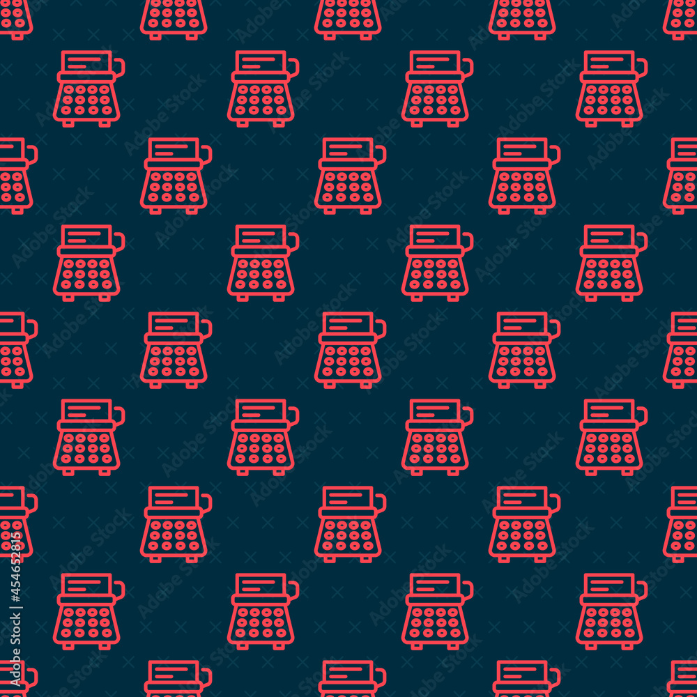 Aufkleber red line retro typewriter and paper sheet icon isolated seamless pattern on black background. vector