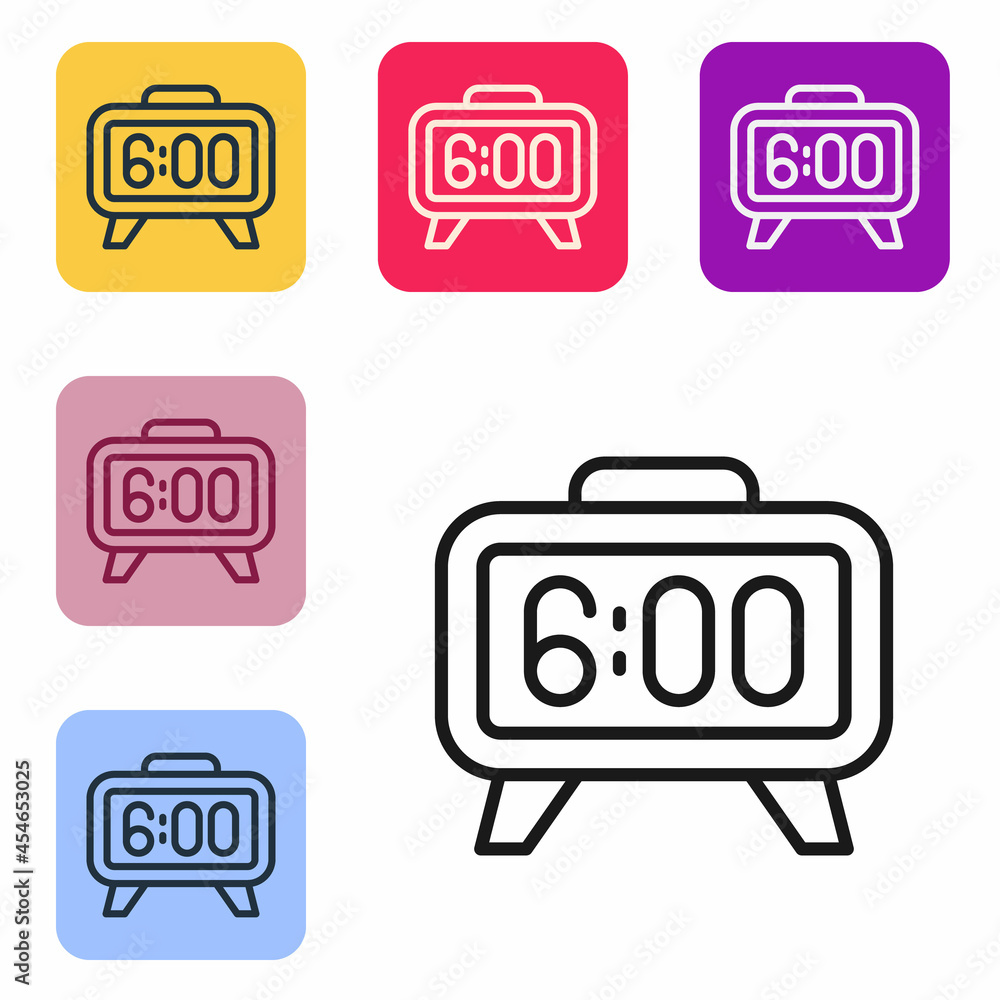 Poster black line digital alarm clock icon isolated on white background. electronic watch alarm clock. time