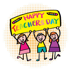 Happy teacher's day with cute boy and girl. Greeting card concept.