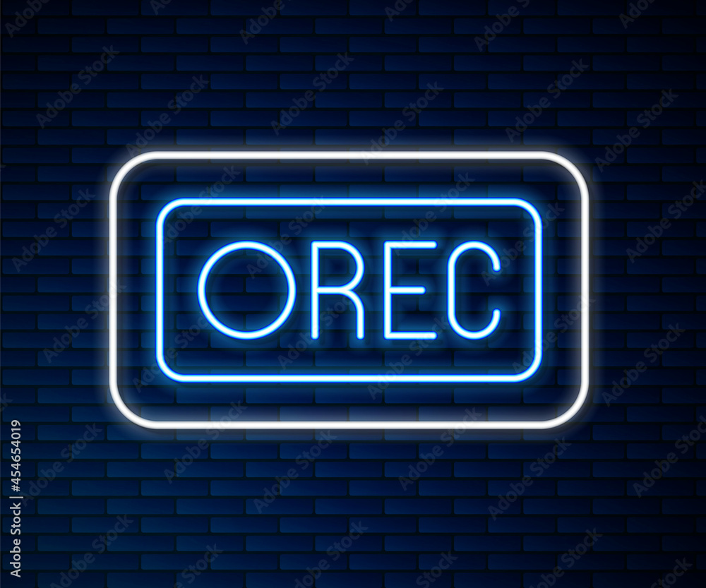 Poster glowing neon line record button icon isolated on brick wall background. rec button. vector
