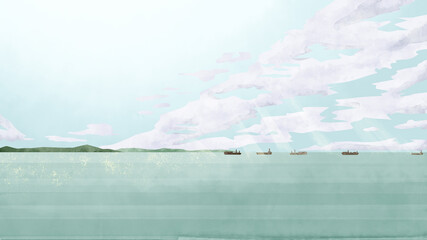 船と海の風景手描き水彩風イラスト