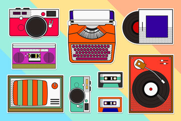 Colorful pop art object vintage vector sticker set
