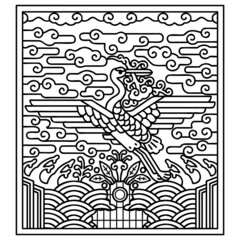Korean traditional red crowned crane pattern. Vector line art illustration.