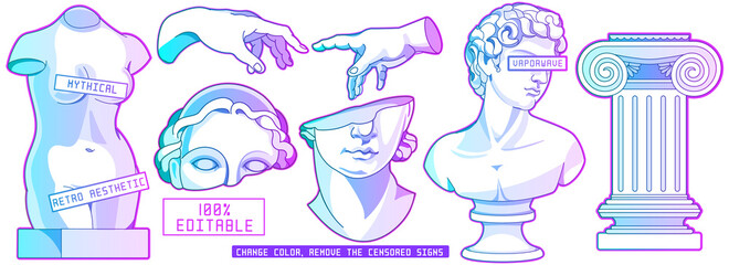 Mythical ancient sculpture in modern contemporary vaporwave stylization. Editable vector set of isolated illustrations in surreal art style.
