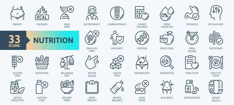 Web Set of Nutrition, Healthy food and Detox Diet Vector Icons. Contains such Icons as Metabolism, Caunt Calories, Palm oil free, Zero thans fat, Probiotics and more. Simple Outline icons collection. 